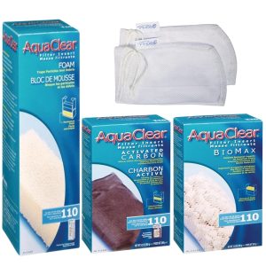 AquaClear 110 HOB Upkeep and Substitute Filter Media Equipment with Gokul Manufacturers Mesh Luggage (Contains AquaClear Activated Carbon, BioMax Media, and 110 Foam Insert)