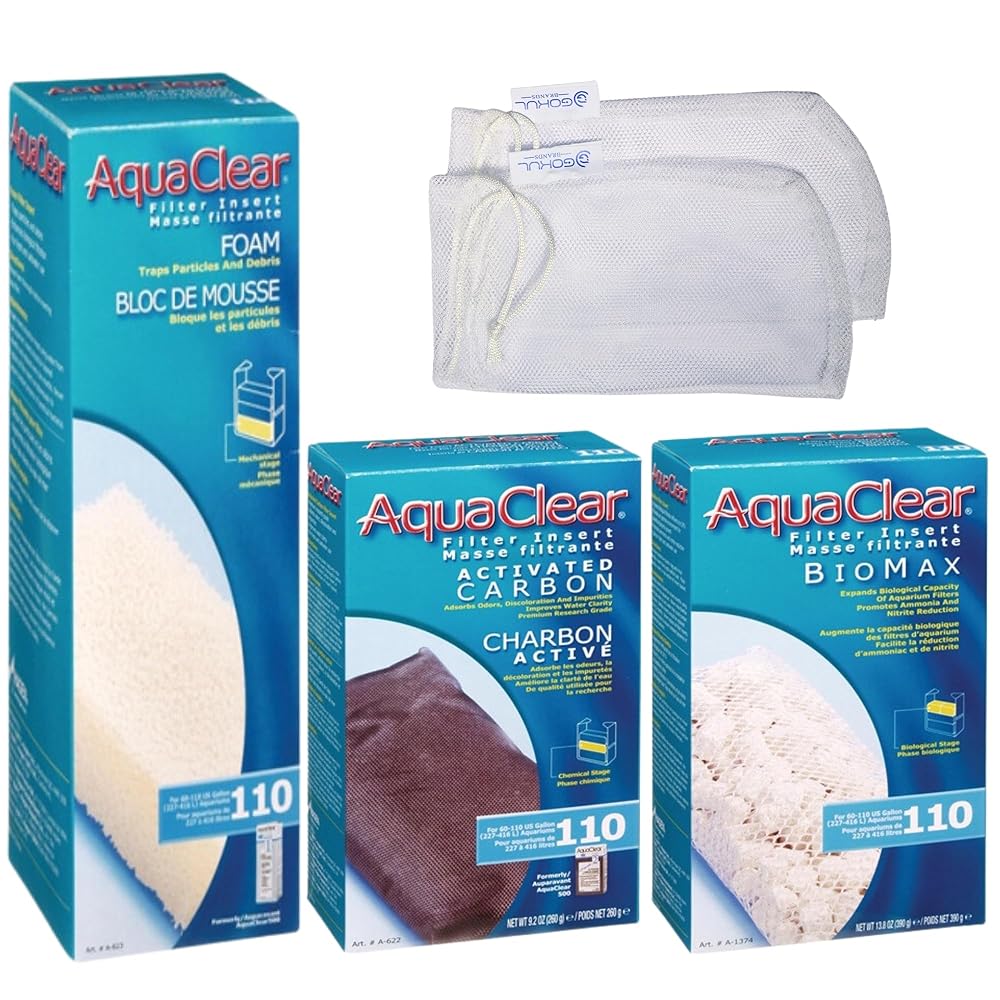 AquaClear 110 HOB Upkeep and Substitute Filter Media Equipment with Gokul Manufacturers Mesh Luggage (Contains AquaClear Activated Carbon, BioMax Media, and 110 Foam Insert)